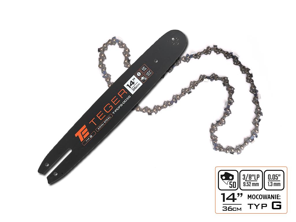 Zestaw tnący, 14" (36 cm) prowadnica + łańcuch, 3/8", 1,3 mm, 50 og., 9z, moc. G, Teger