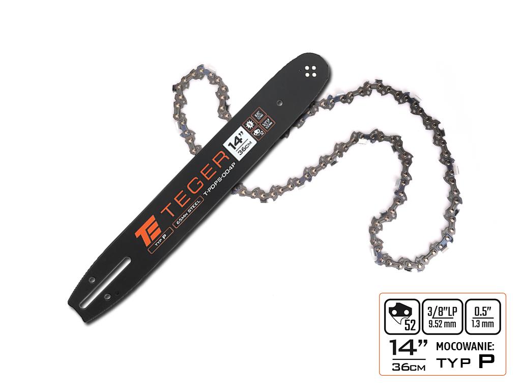 Zestaw tnący, 14" (36 cm) prowadnica + łańcuch, 3/8", 1,3 mm, 52 og., 9z, moc. P, Teger