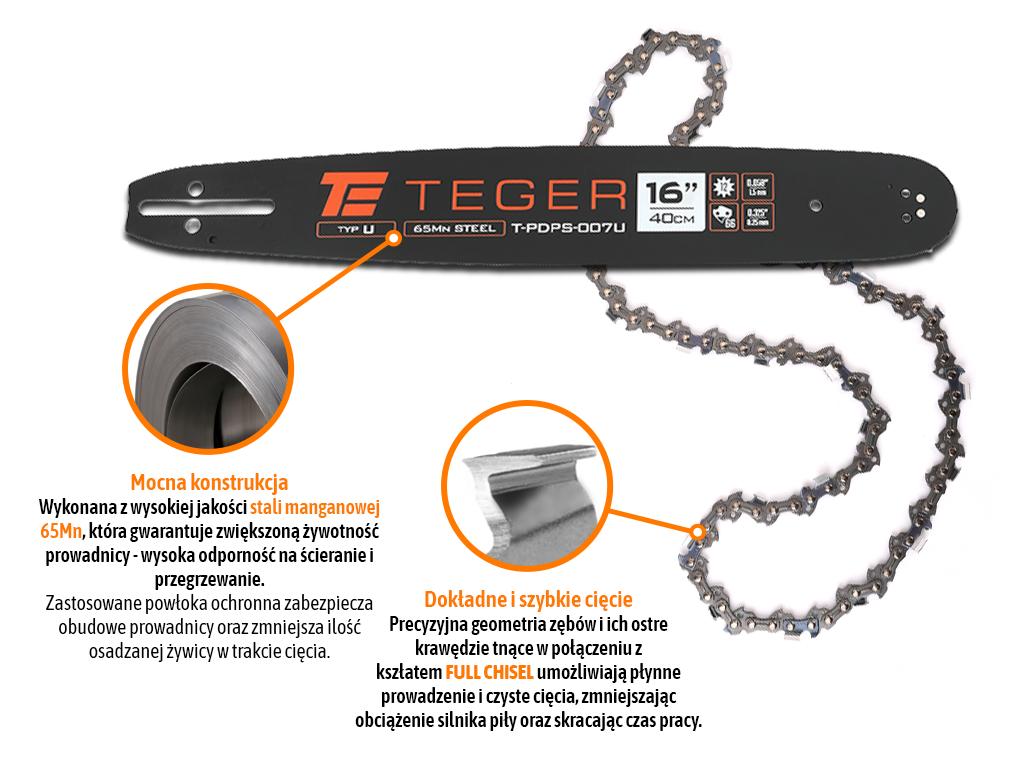 Zestaw tnący, 16" (40 cm) prowadnica + łańcuch, 0,325" 1,5mm 66 og., 12z, moc. U, Teger