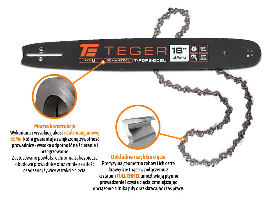 Zestaw tnący, 18" (45 cm) prowadnica + łańcuch, 0,325" 1,5mm 72 og., 12z, moc. U, Teger