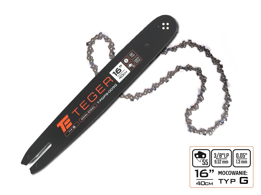 Zestaw tnący, 16" (40 cm) prowadnica + łańcuch, 3/8", 1,3 mm, 55 og., 9z, moc. G, Teger