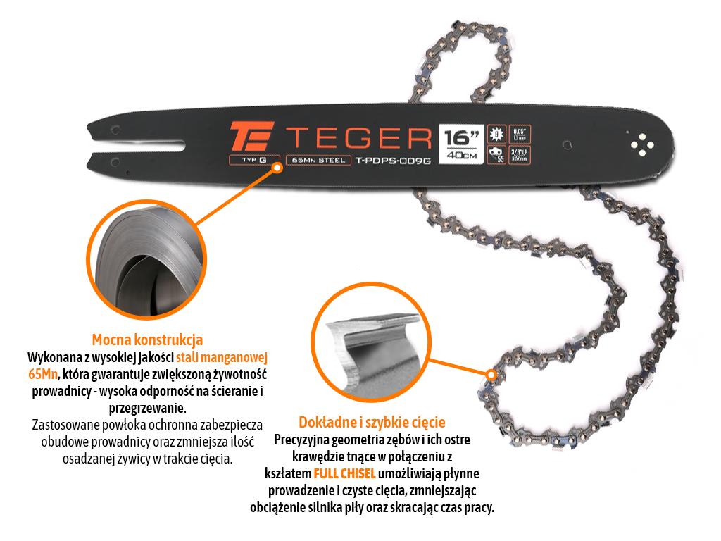 Zestaw tnący, 16" (40 cm) prowadnica + łańcuch, 3/8", 1,3 mm, 55 og., 9z, moc. G, Teger