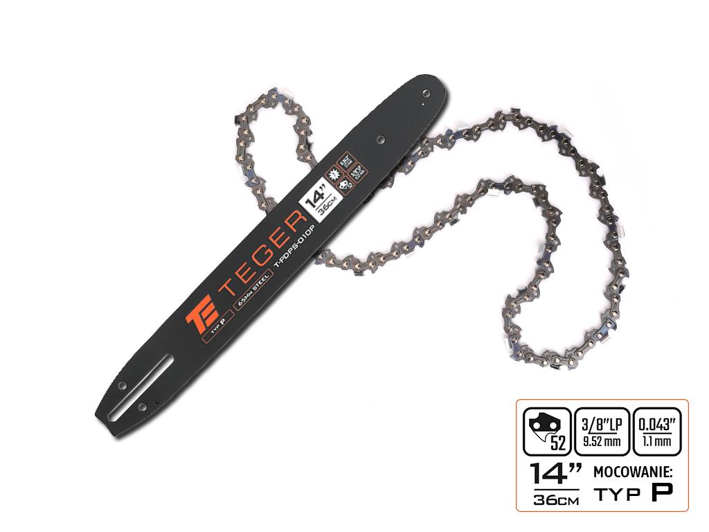 Zestaw tnący, 14" (36 cm) prowadnica + łańcuch, 3/8", 1,1 mm, 52 og., 7z, moc. P, Teger