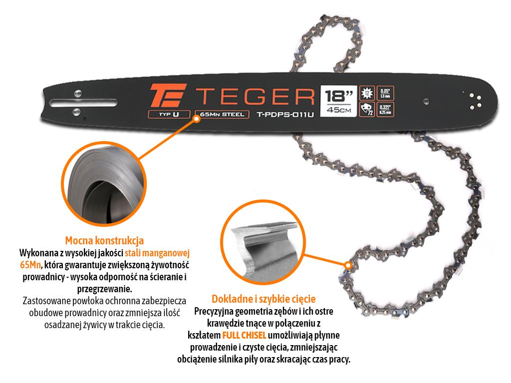 Zestaw tnący, 18" (45 cm) prowadnica + łańcuch, 0,325" 1,3mm 72 og., 12z, moc. U, Teger