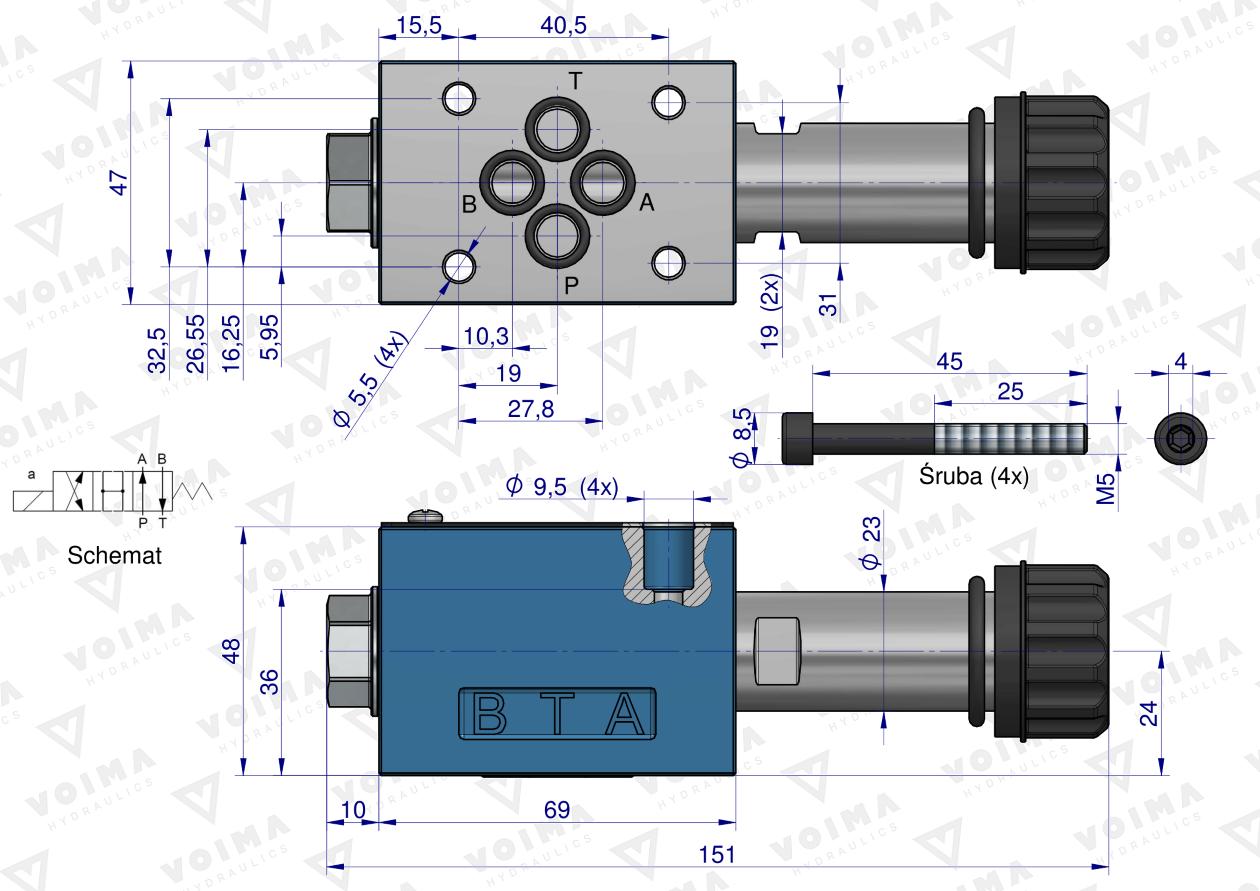 Rozdzielacz (elektrozawór CETOP 3 NG6) 2-pozycyjny 50L suwak "C" VOIMA