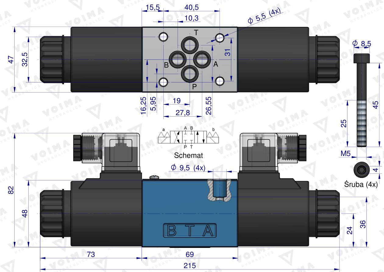 Rozdzielacz (elektrozawór CETOP 3 NG6) 3-pozycyjny 50L suwak "E" (cewki x2) 230V VOIMA