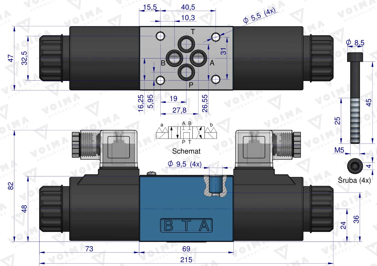 Rozdzielacz (elektrozawór CETOP 3 NG6) 3-pozycyjny 50L suwak "G"  (cewki x2) 24V VOIMA