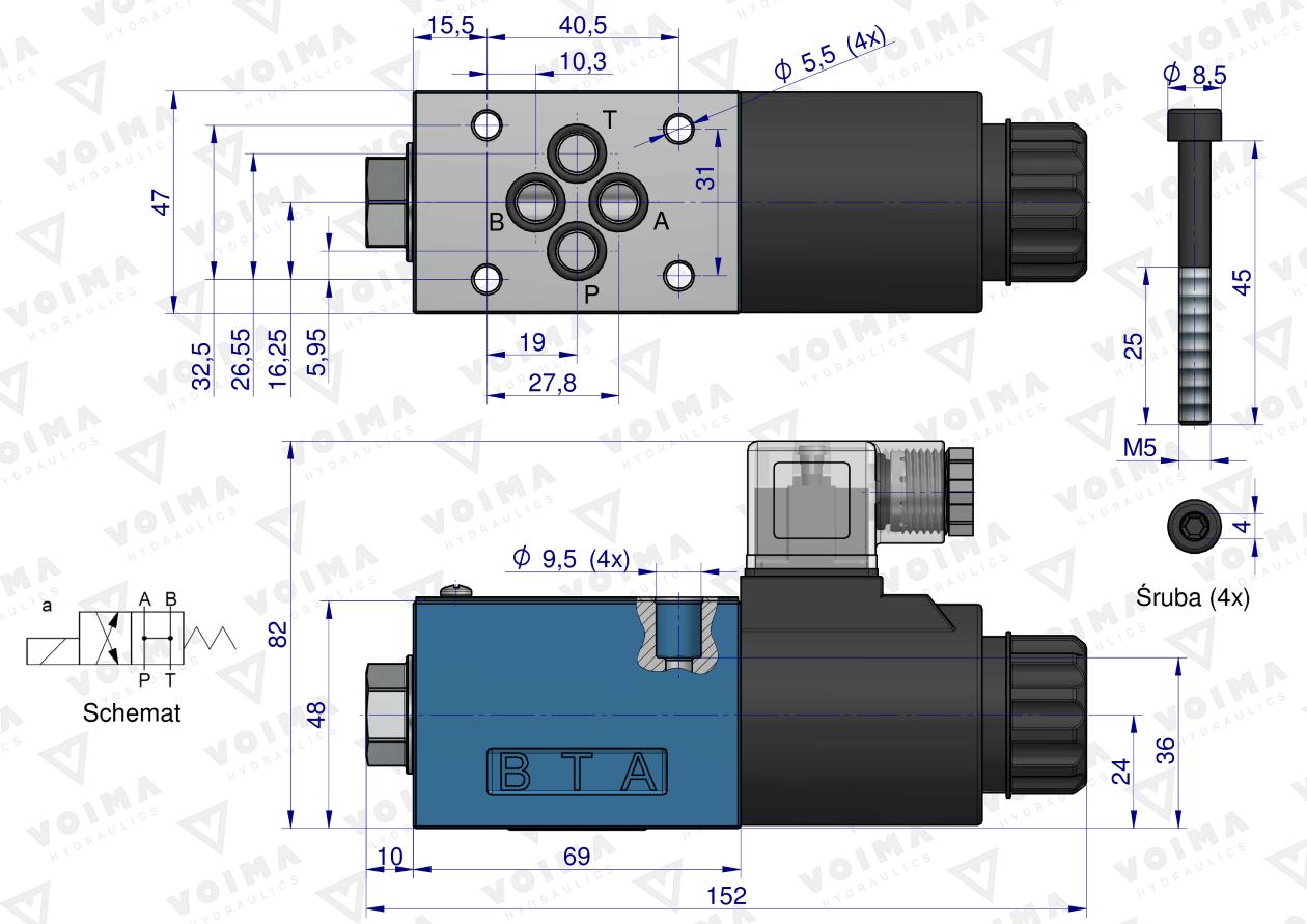 Rozdzielacz (elektrozawór CETOP 3 NG6) 2-pozycyjny 50L suwak "HA" (cewka x1) 12V VOIMA