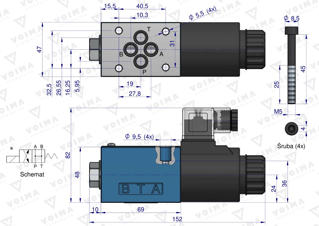 Rozdzielacz (elektrozawór CETOP 3 NG6) 2-pozycyjny 50L suwak "HA" (cewka x1) 230V VOIMA