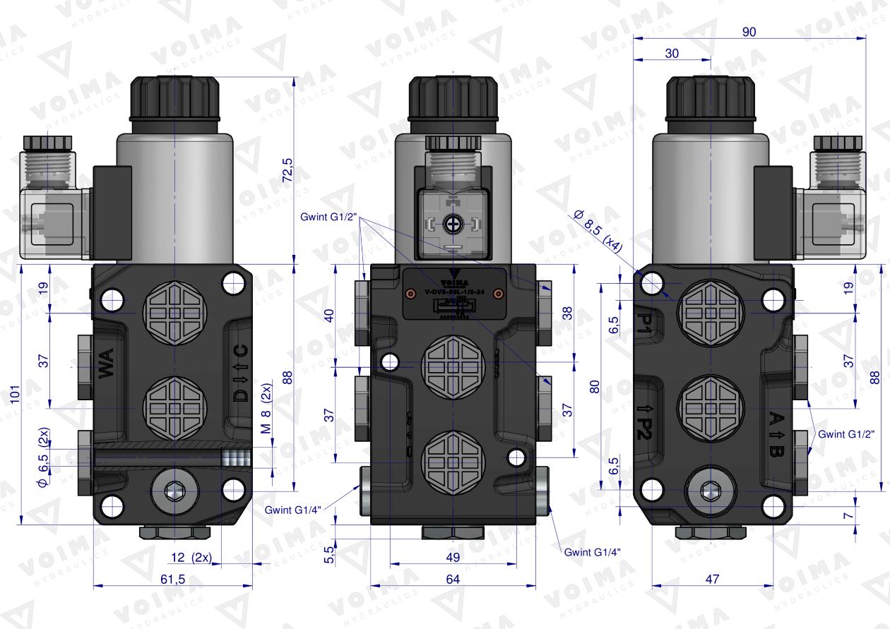 Dzielnik. zawór. elektrozawór kierunkowy elektromagnetyczny kontroli (DVS6/50L) (24V DC) 6/2 G1/2 50L VOIMA