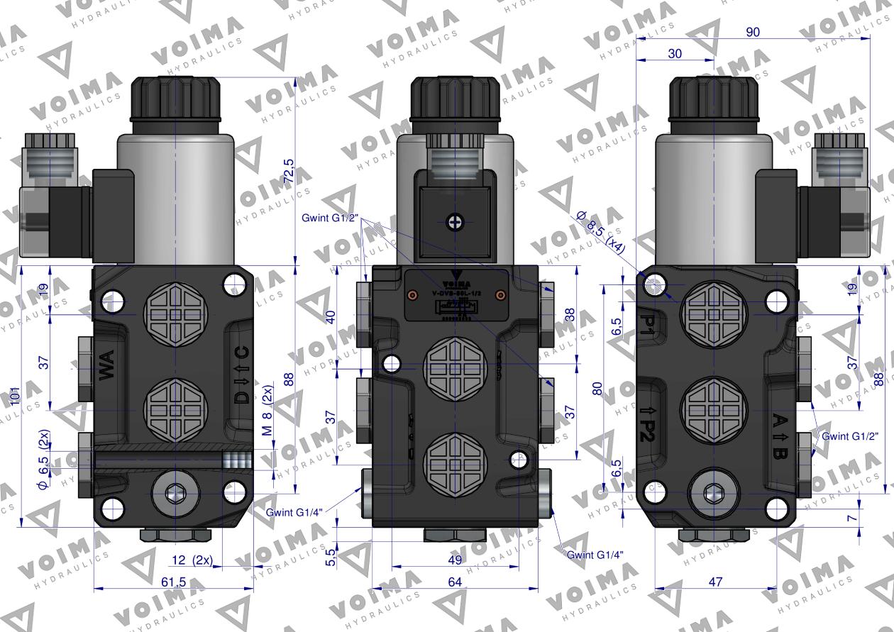 Dzielnik. zawór. elektrozawór kierunkowy elektromagnetyczny kontroli (DVS6/50L) 12V DC 6/2 G1/2 50L VOIMA