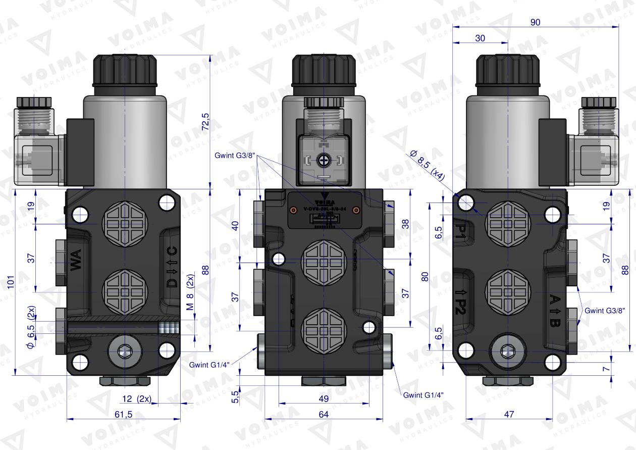Dzielnik. zawór. elektrozawór kierunkowy elektromagnetyczny kontroli (DVS6/50 L/MIN) (24V DC) 6/2 G3/8 50L VOIMA