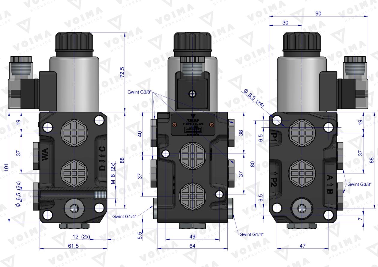 Dzielnik. zawór. elektrozawór kierunkowy elektromagnetyczny kontroli (DVS6/50 L/MIN) 12V DC 6/2 G3/8 50L VOIMA