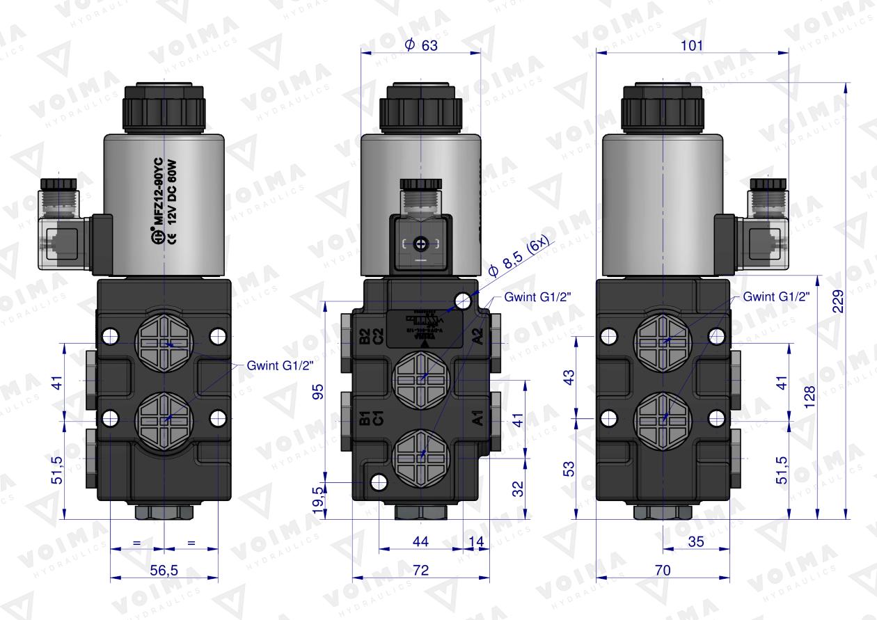 Dzielnik. zawór. elektrozawór kierunkowy elektromagnetyczny kontroli (SVV6/2-90L) 12V DC 6/2 G1/2 80L VOIMA