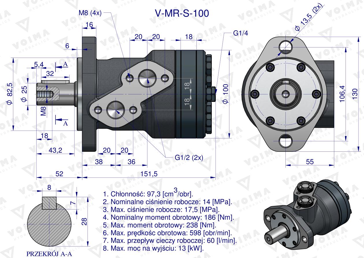 Silnik hydrauliczny orbitalny  V-MR-S 100 cm3/obr (175 bar / max.200 bar) VOIMA
