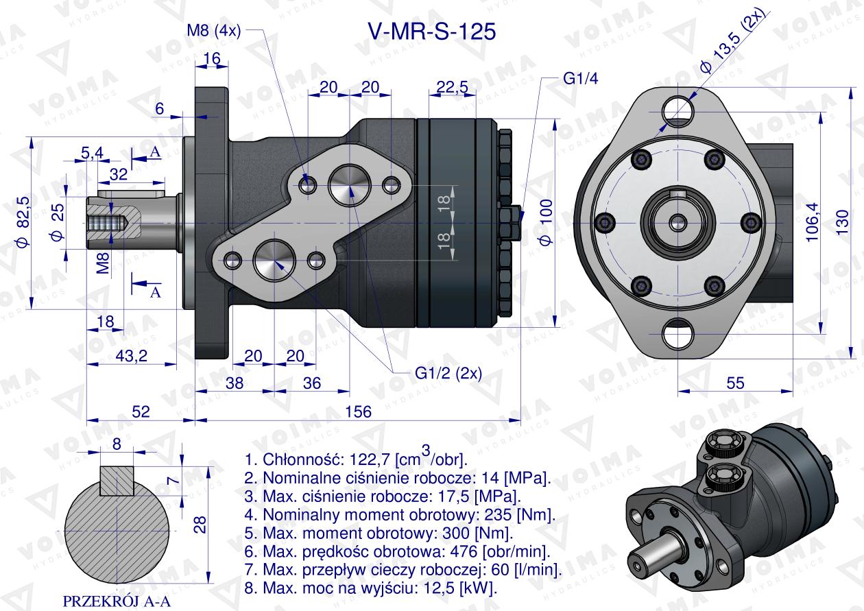 Silnik hydrauliczny orbitalny  V-MR-S 125 cm3/obr (175 bar / max.200 bar) VOIMA