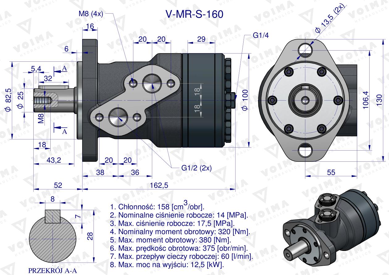 Silnik hydrauliczny orbitalny  V-MR-S 160 cm3/obr (175 bar / max.200 bar) VOIMA