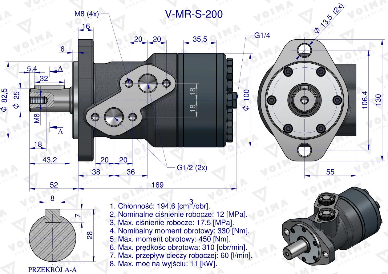 Silnik hydrauliczny orbitalny (stosowany do owijarek)  V-MR-S 200 cm3/obr (175 bar / max.200 bar) VOIMA