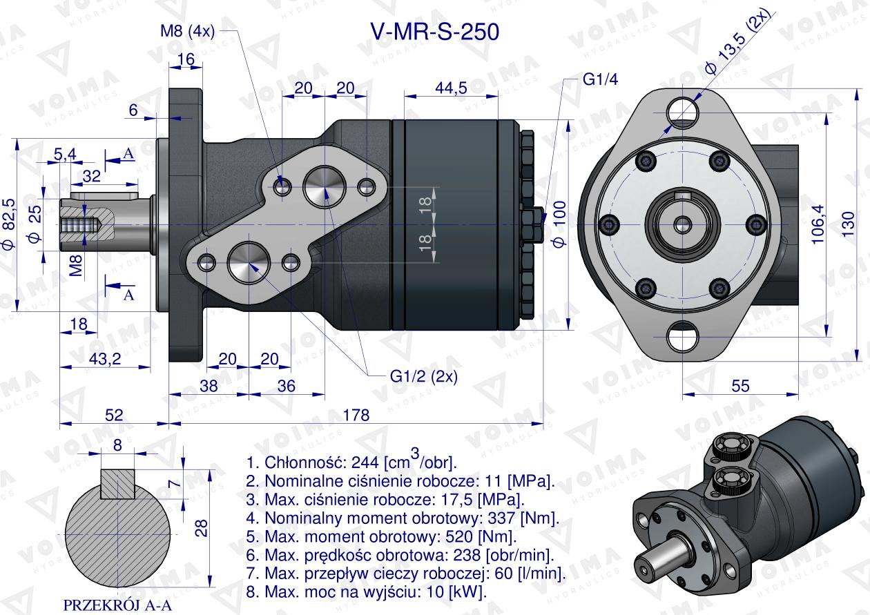 Silnik hydrauliczny orbitalny  V-MR-S 250 cm3/obr (175 bar / max.200 bar) VOIMA