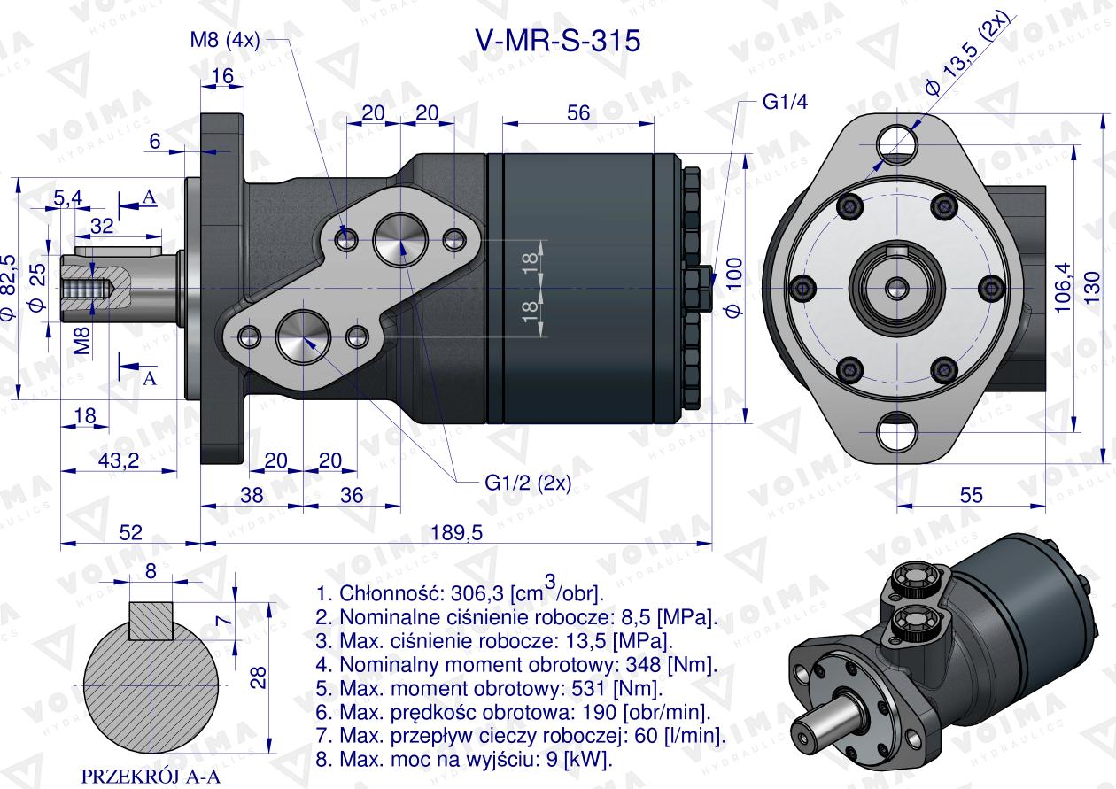 Silnik hydrauliczny orbitalny  V-MR-S 315 cm3/obr (135 bar / max.175 bar) VOIMA