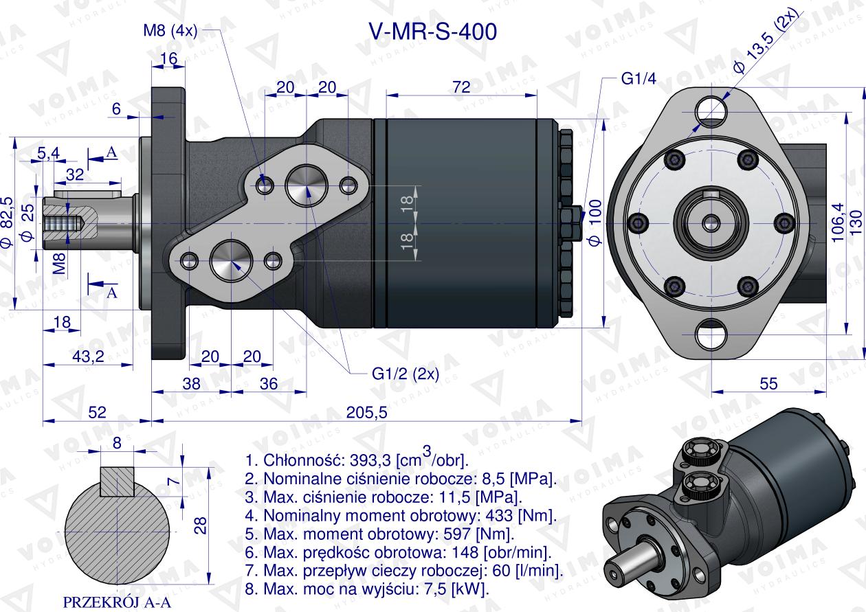 Silnik hydrauliczny orbitalny  V-MR-S 400 cm3/obr (115 bar / max.150 bar) VOIMA