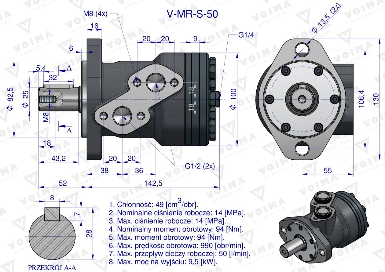 Silnik hydrauliczny orbitalny  V-MR-S 50 cm3/obr (140 bar / max.175 bar) VOIMA