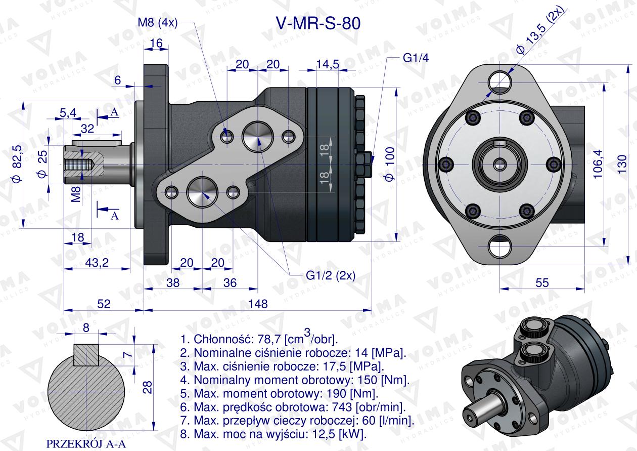 Silnik hydrauliczny orbitalny  V-MR-S 80 cm3/obr (175 bar / max.200 bar) VOIMA