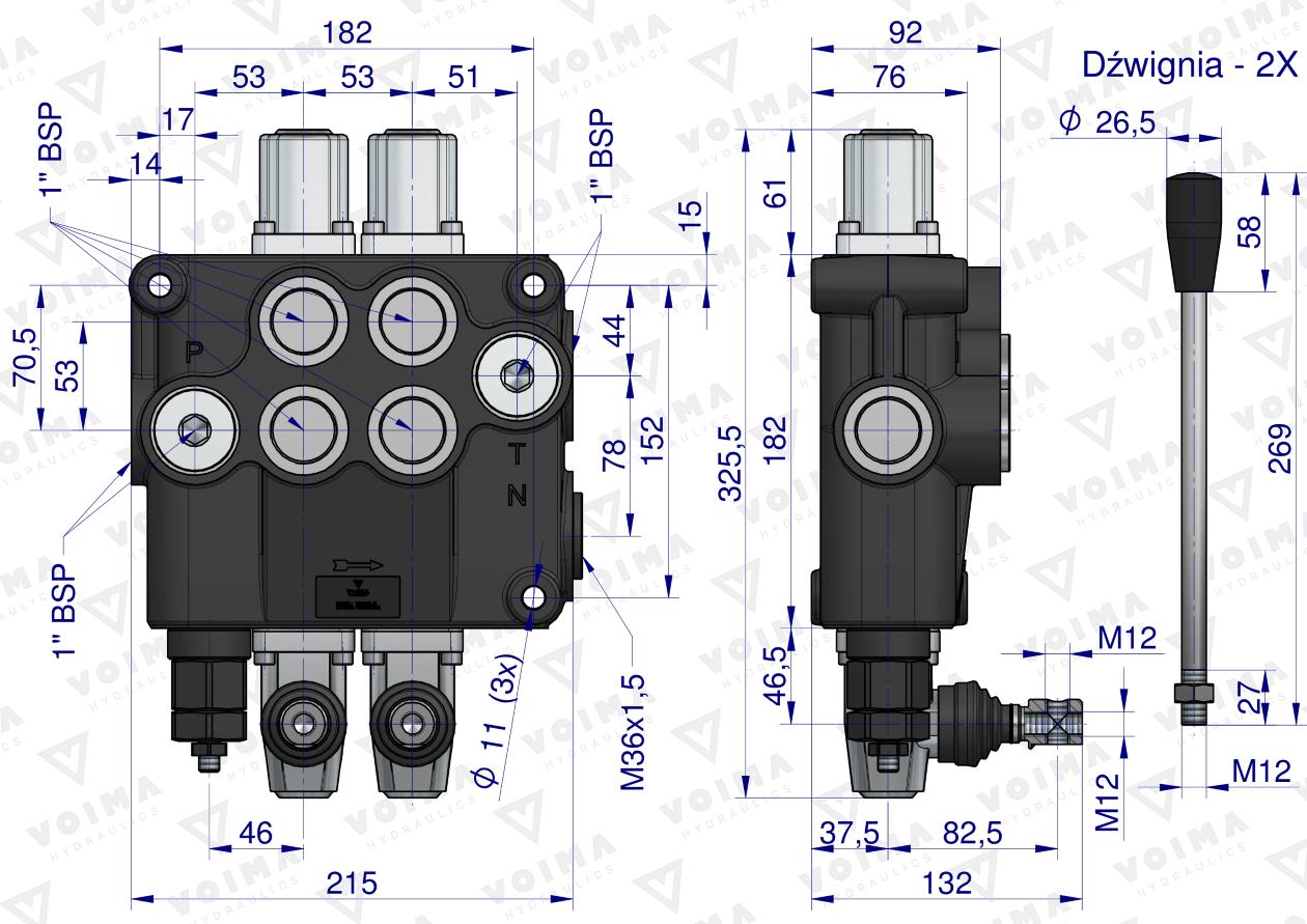 Rozdzielacz hydrauliczny 2-sekcyjny 120L VOIMA