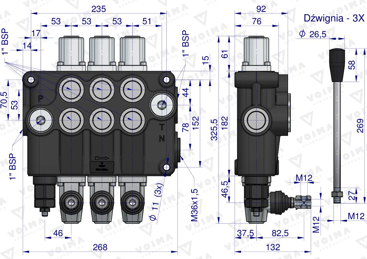 Rozdzielacz hydrauliczny 3-sekcyjny 120L VOIMA