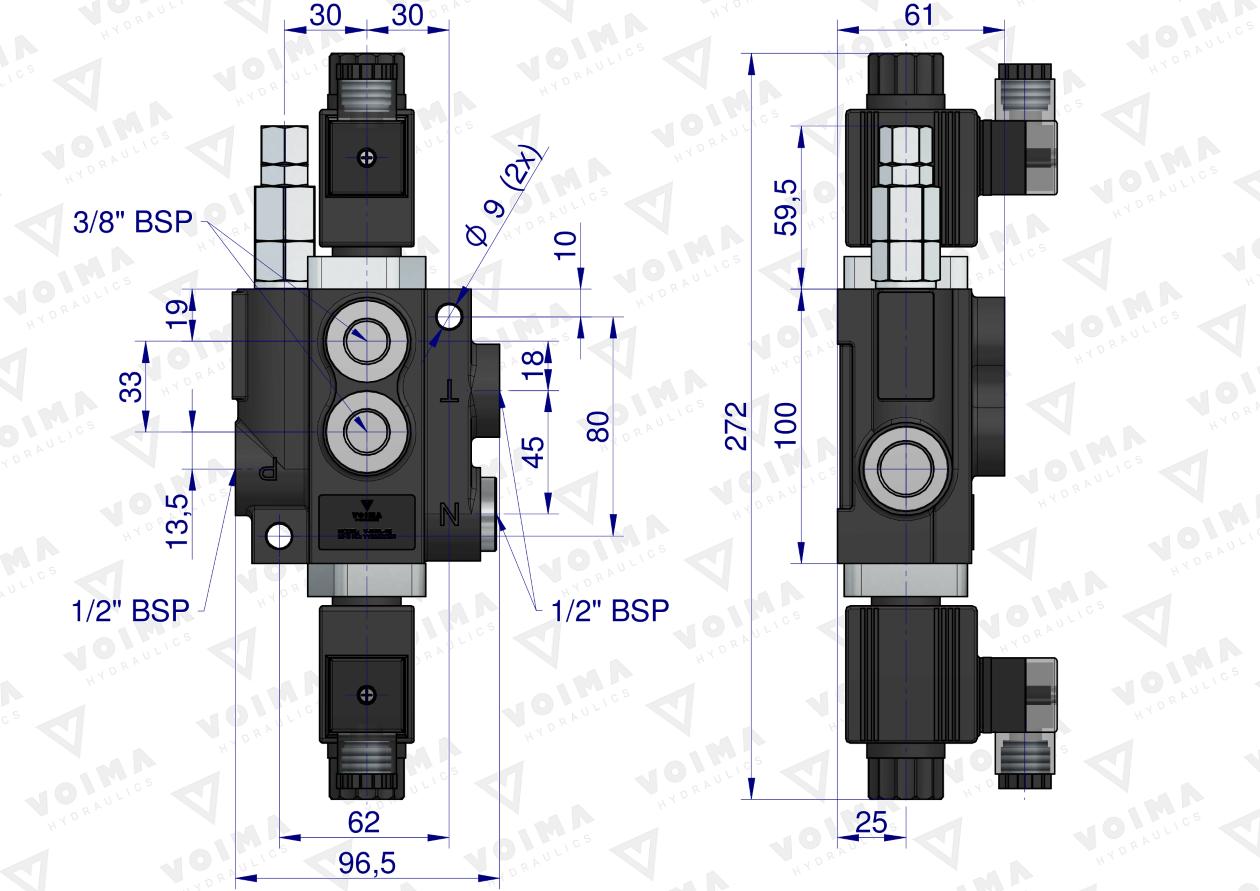 Rozdzielacz hydrauliczny 1-sekcyjny sterowany elektrycznie 12V 40L VOIMA