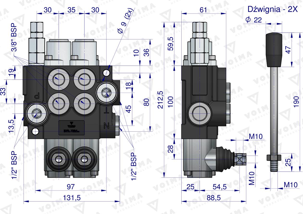 Rozdzielacz hydrauliczny 2-sekcyjny 40L VOIMA