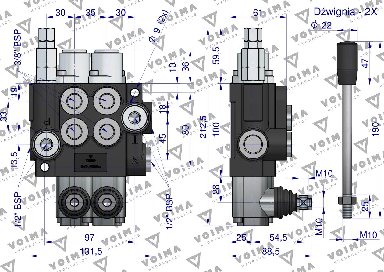 Rozdzielacz hydrauliczny 2-sekcyjny 40L VOIMA