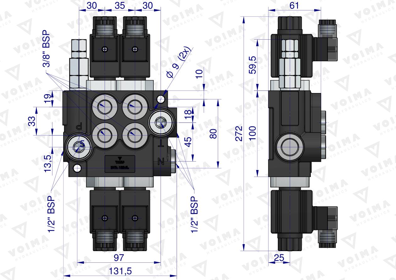 Rozdzielacz hydrauliczny 2-sekcyjny sterowany elektrycznie 12V 40L VOIMA