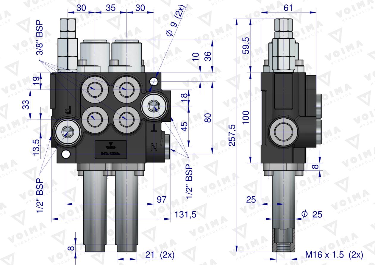 Rozdzielacz hydrauliczny 2-sekcyjny 40L sterowany joystickiem na linkę VOIMA