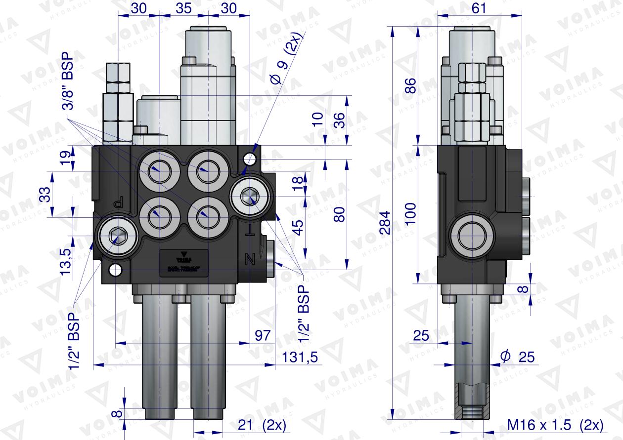 Rozdzielacz hydrauliczny 2-sekcyjny 40L (1-sekcja pływająca) sterowany na linkę VOIMA