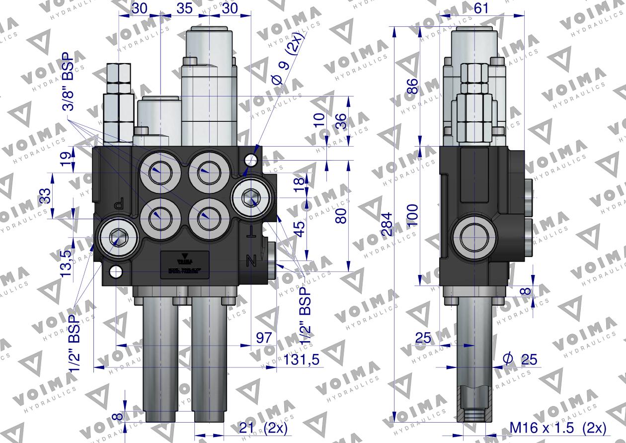 Rozdzielacz hydrauliczny 2-sekcyjny 40L (1-sekcja pływająca) sterowany na linkę VOIMA