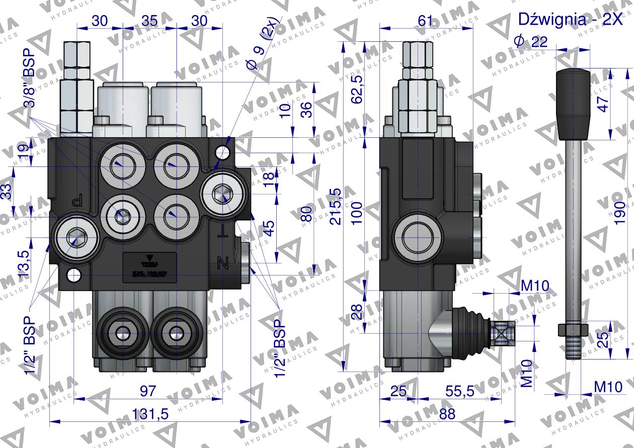 Rozdzielacz hydrauliczny 2-sekcyjny 40L (1-sekcja nurnikowa) VOIMA