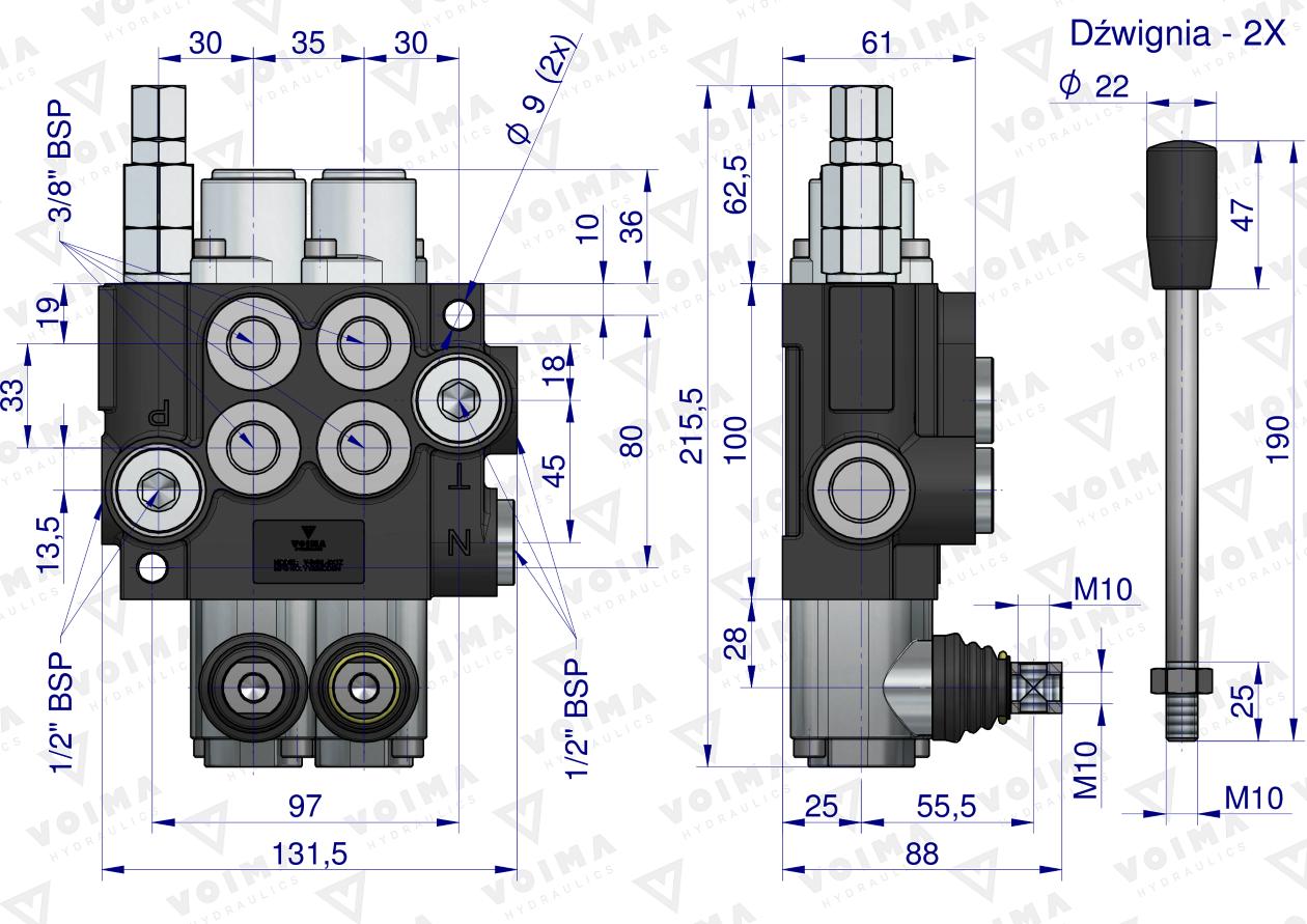 Rozdzielacz hydrauliczny 2-sekcyjny 40L (1 sekcja - z zatrzaskiem) VOIMA