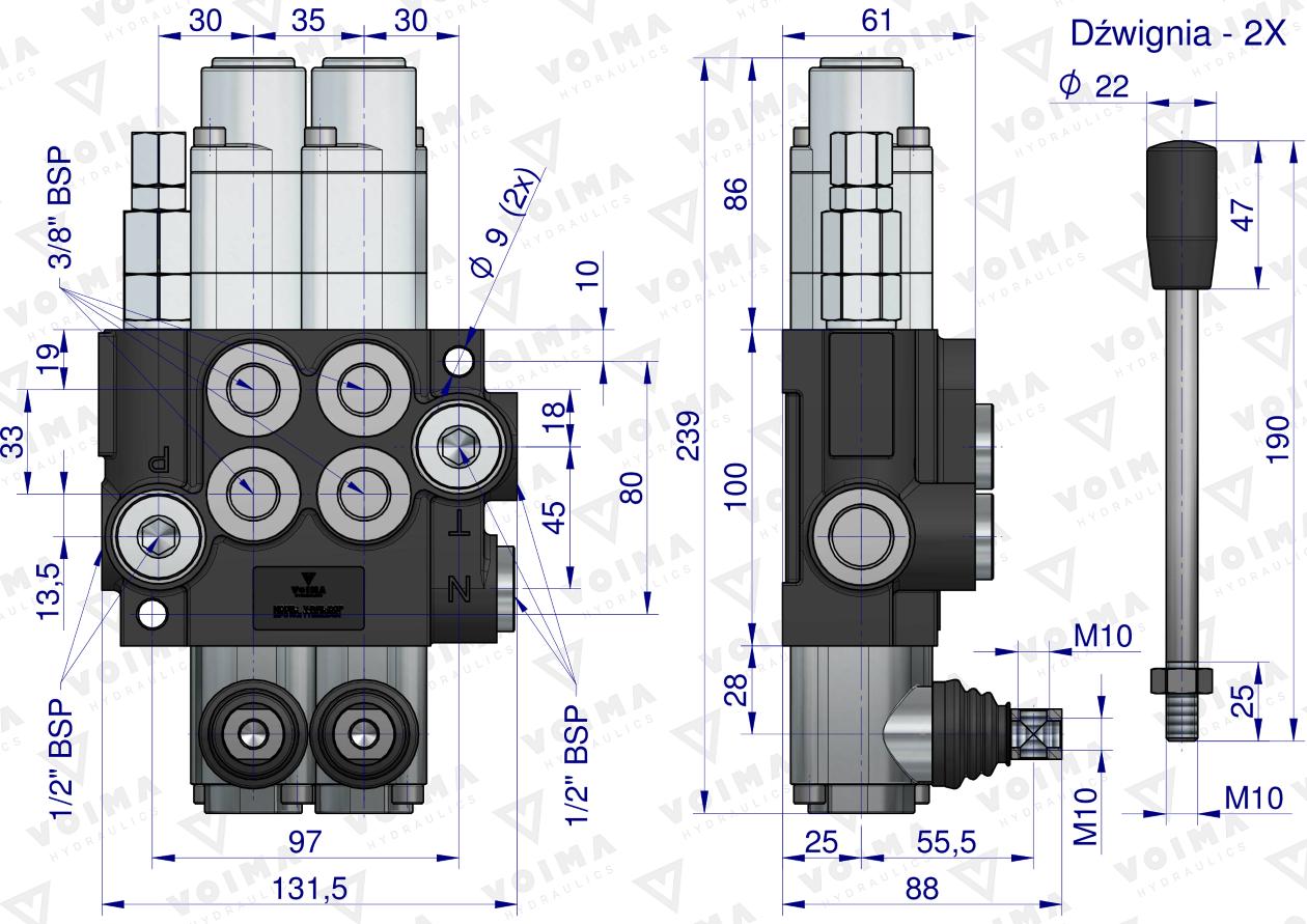 Rozdzielacz hydrauliczny 2-sekcyjny 40L (2 sekcje - pływające) VOIMA