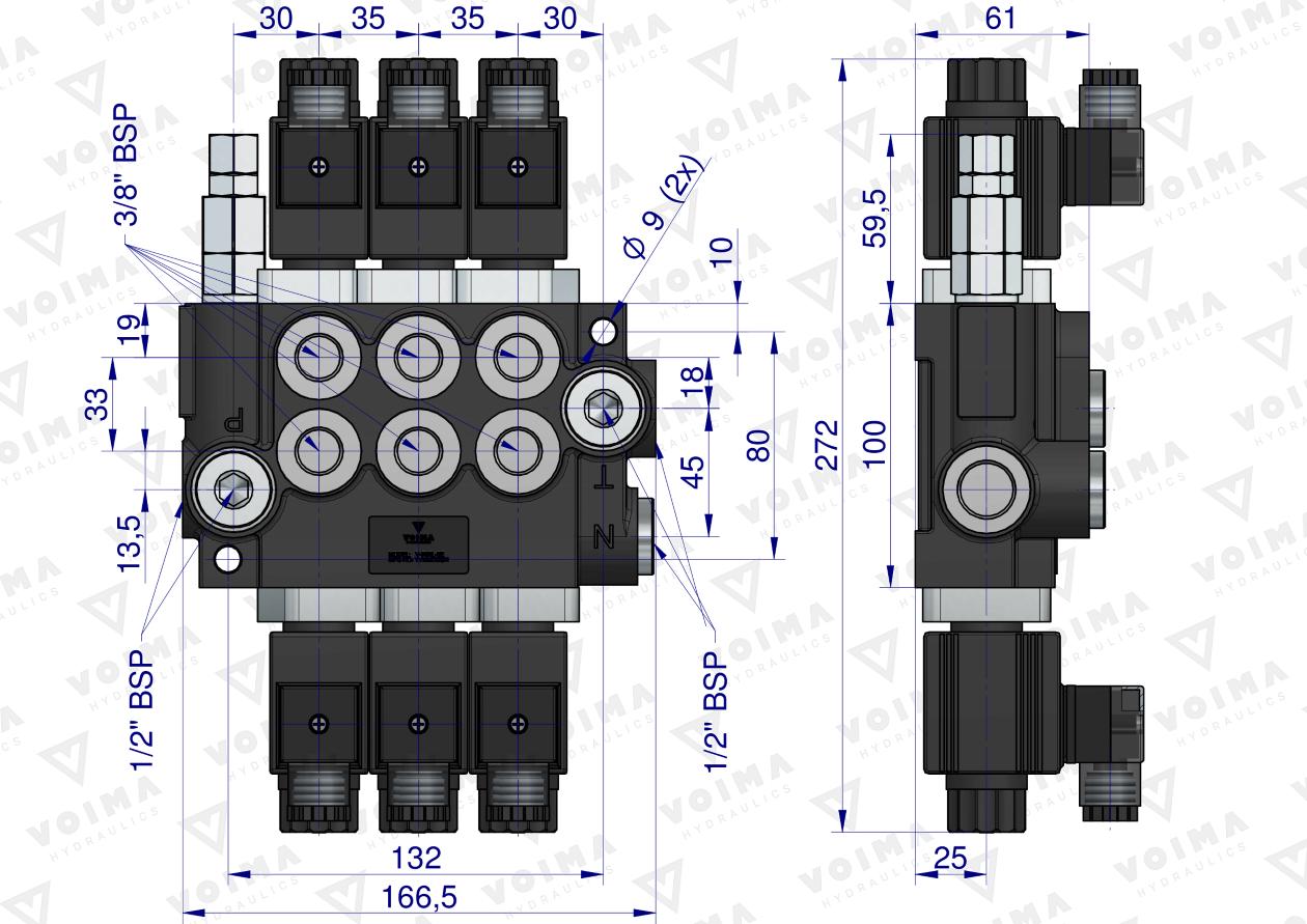 Rozdzielacz hydrauliczny 3-sekcyjny sterowany elektrycznie 12V 40L VOIMA