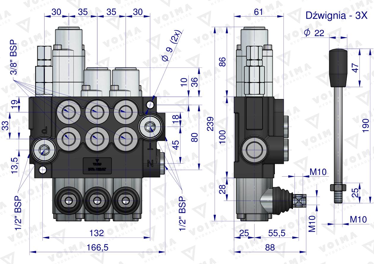 Rozdzielacz hydrauliczny 3-sekcyjny 40L (1-sekcja pływająca) VOIMA