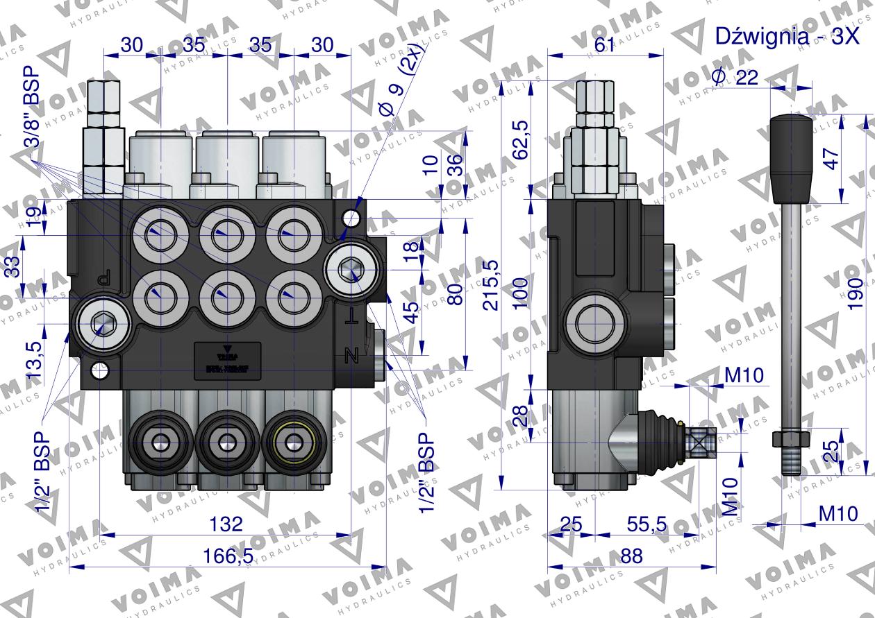 Rozdzielacz hydrauliczny 3-sekcyjny 40L (1 sekcja - z zatrzaskiem) VOIMA