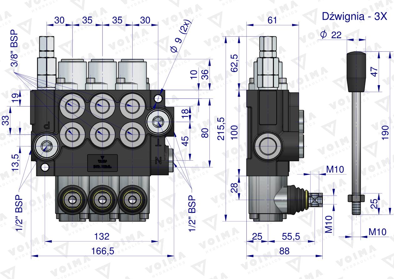 Rozdzielacz hydrauliczny 3-sekcyjny 40L z zatrzaskami VOIMA
