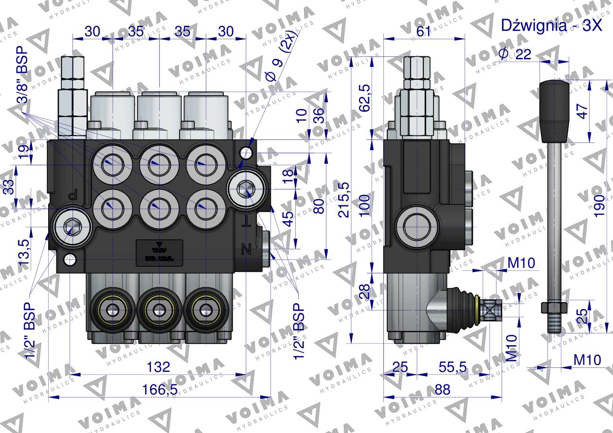 Rozdzielacz hydrauliczny 3-sekcyjny 40L z zatrzaskami VOIMA