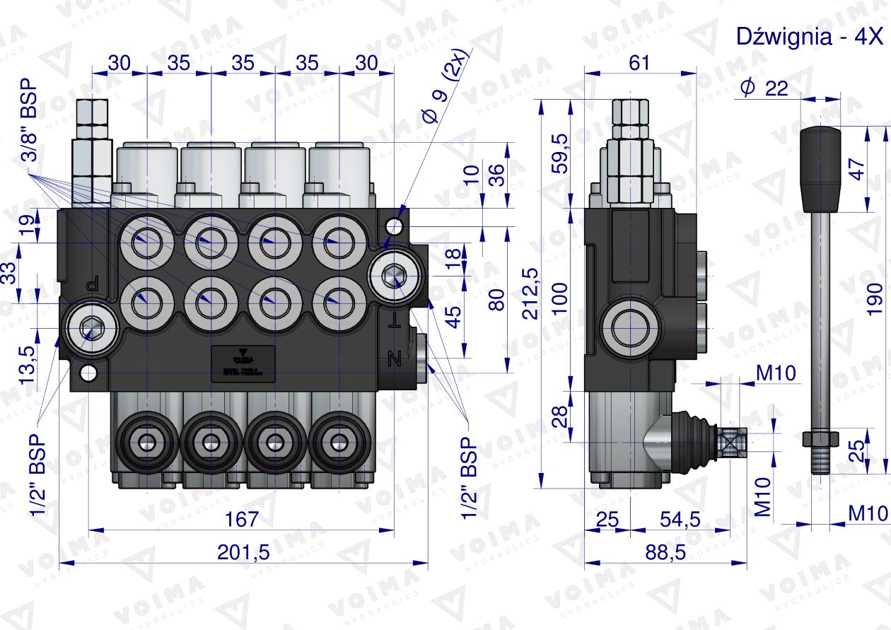 Rozdzielacz hydrauliczny 4-sekcyjny 40L VOIMA