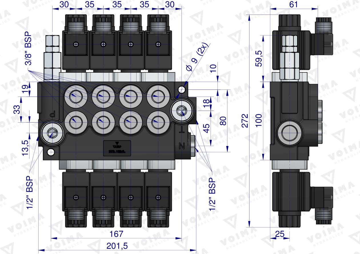 Rozdzielacz hydrauliczny 4-sekcyjny sterowany elektrycznie 12V 40L VOIMA