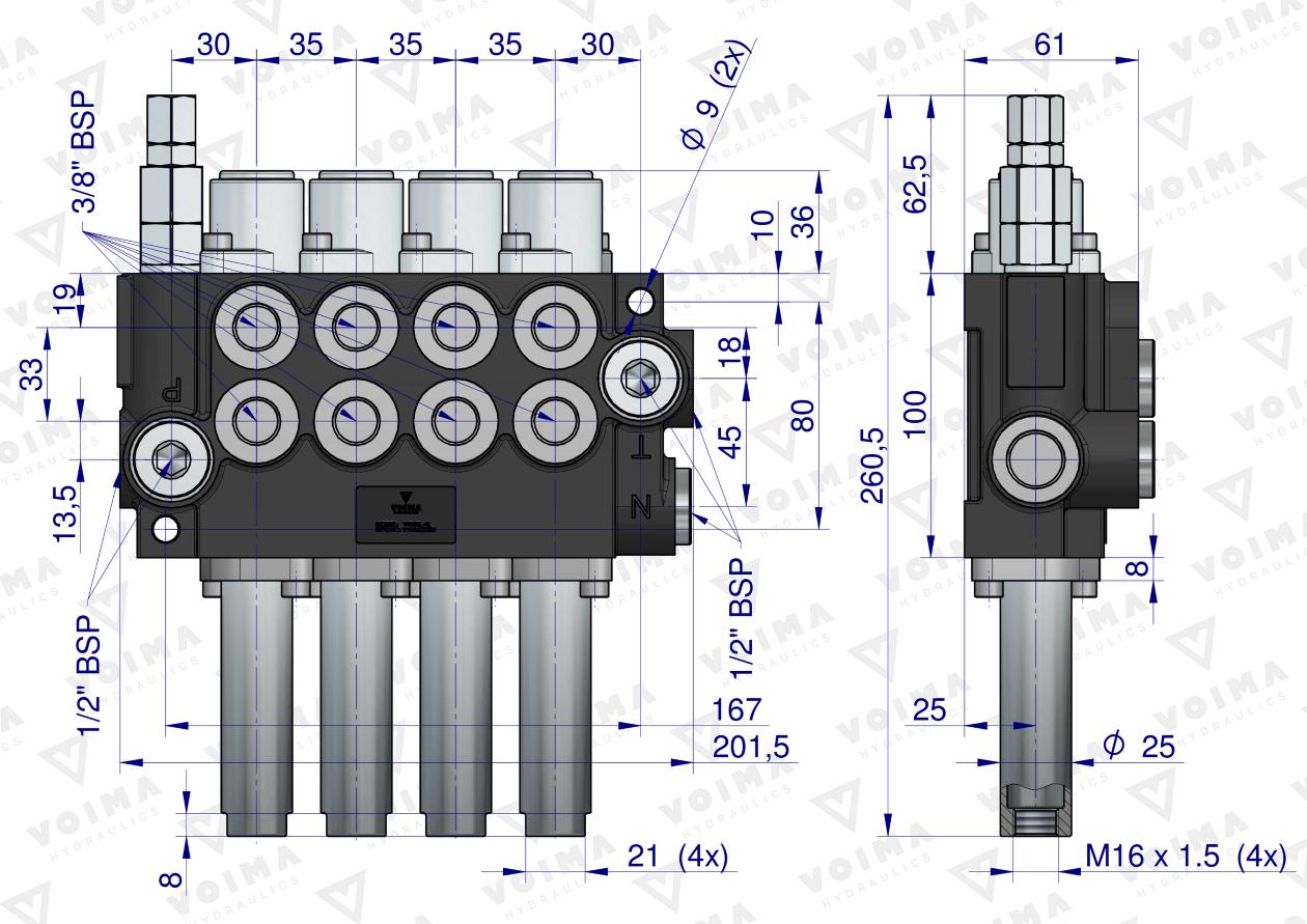 Rozdzielacz hydrauliczny 4-sekcyjny 40L sterowany na linkę VOIMA