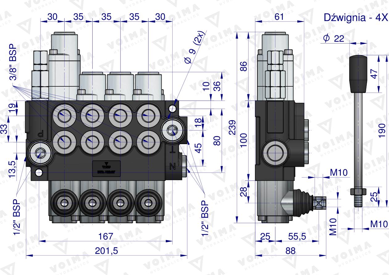 Rozdzielacz hydrauliczny 4-sekcyjny 40L (1-sekcja pływająca) VOIMA