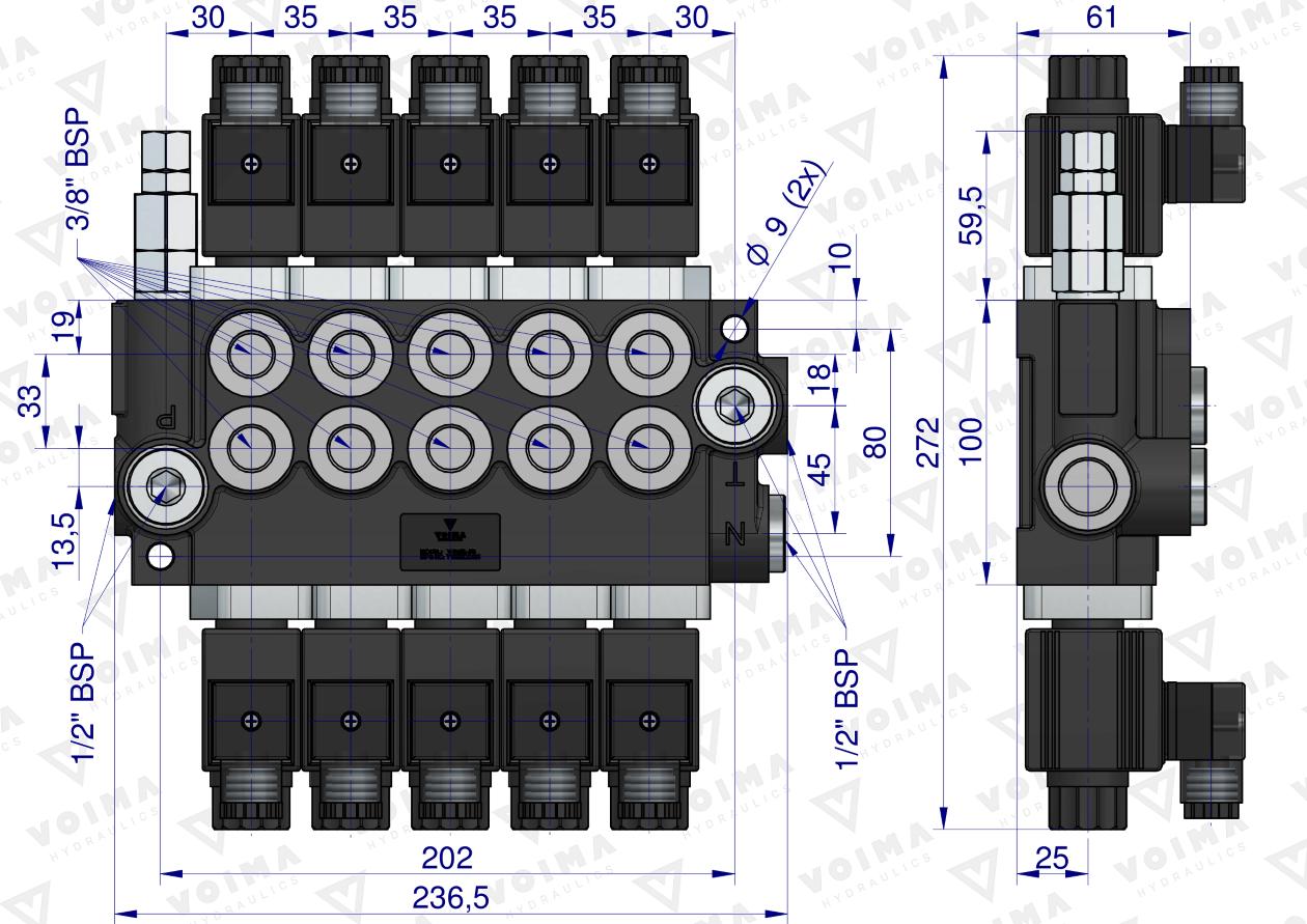 Rozdzielacz hydrauliczny 5-sekcyjny sterowany elektrycznie 12V 40L VOIMA