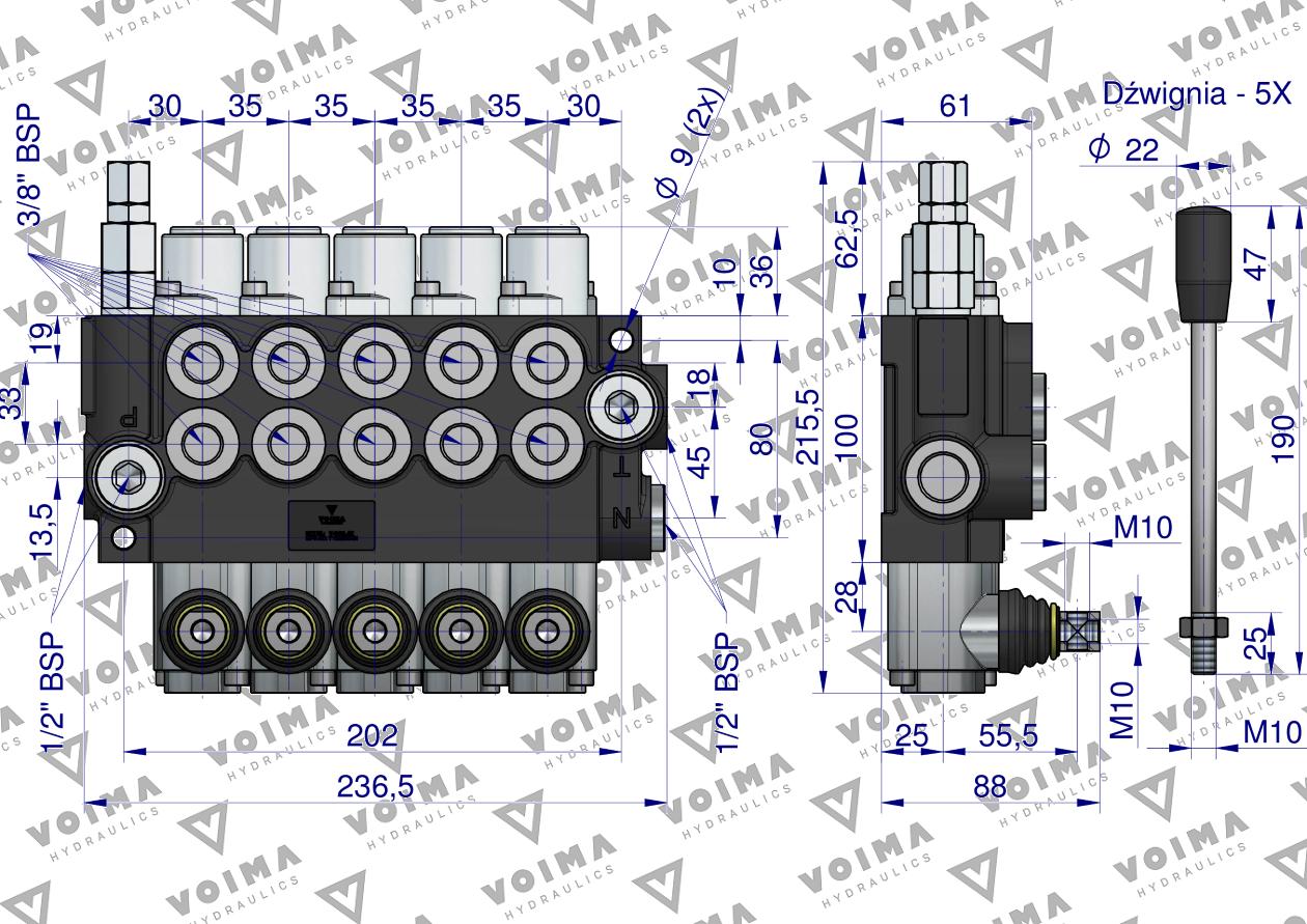 Rozdzielacz hydrauliczny 5-sekcyjny 40L (5-sekcji z zatrzaskiem) VOIMA